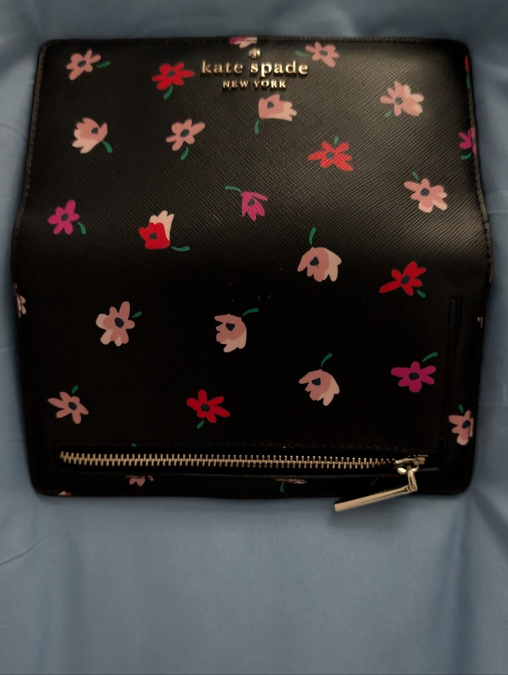Kate spade black floral cosmetic pouch with pink and red blooms